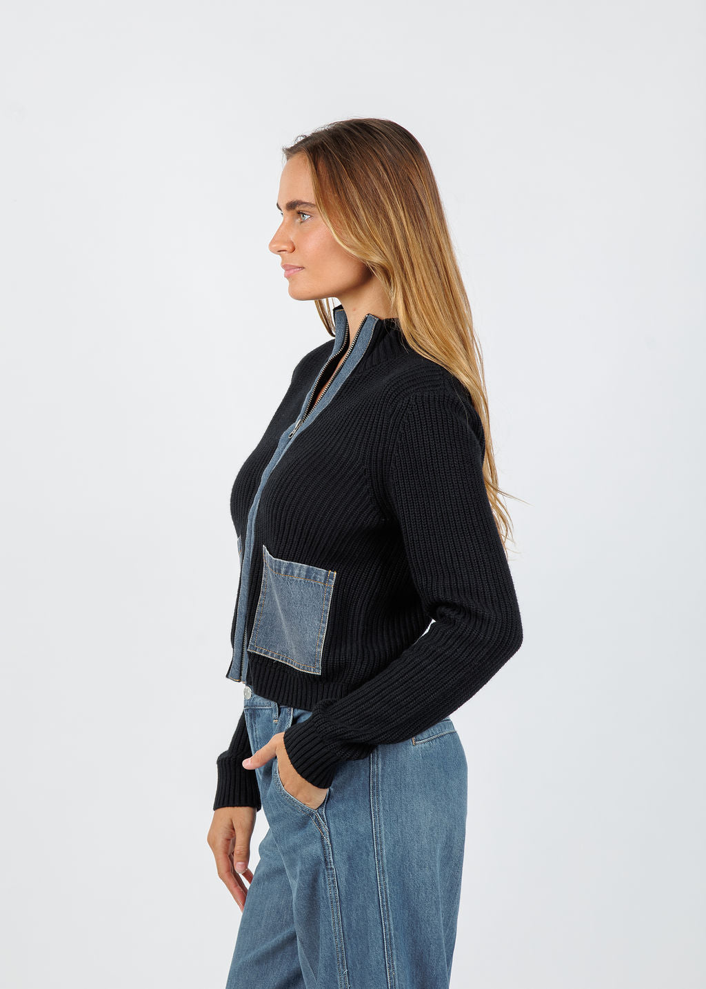J Society Denim Pocket Zip Up Sweater in Black/Blue available at Barbara Katz