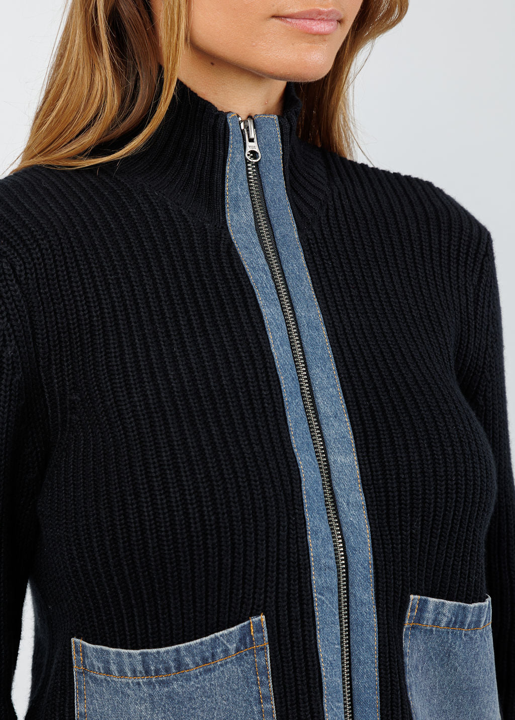 J Society Denim Pocket Zip Up Sweater in Black/Blue available at Barbara Katz