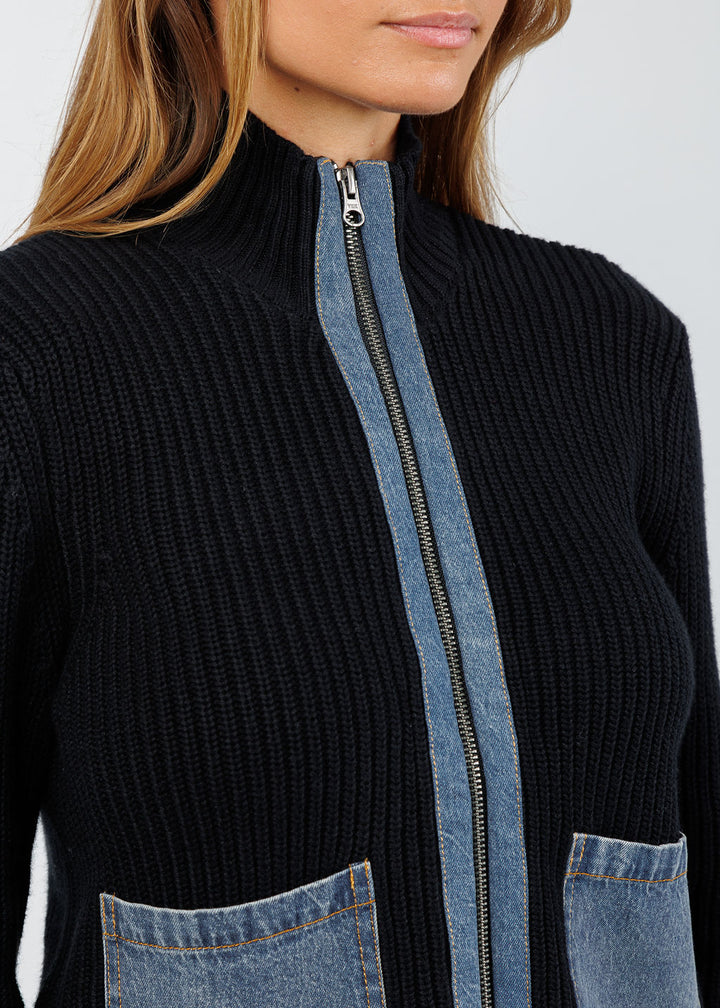 J Society Denim Pocket Zip Up Sweater in Black/Blue available at Barbara Katz