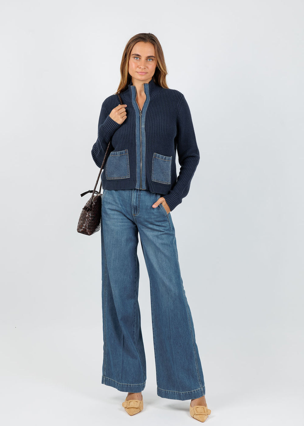 J Society Denim Pocket Zip Up Sweater in Navy available at Barbara Katz