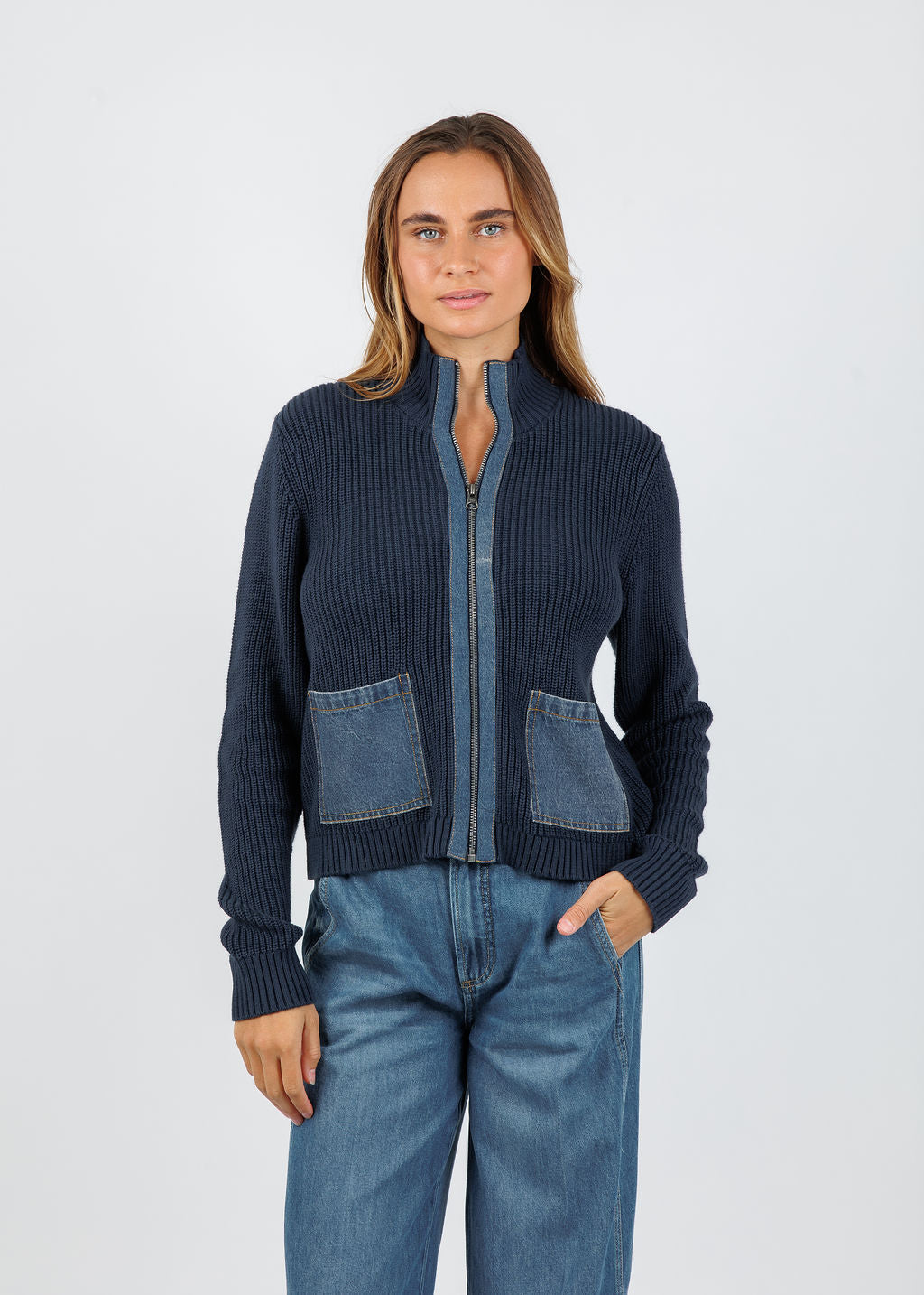 J Society Denim Pocket Zip Up Sweater in Navy available at Barbara Katz