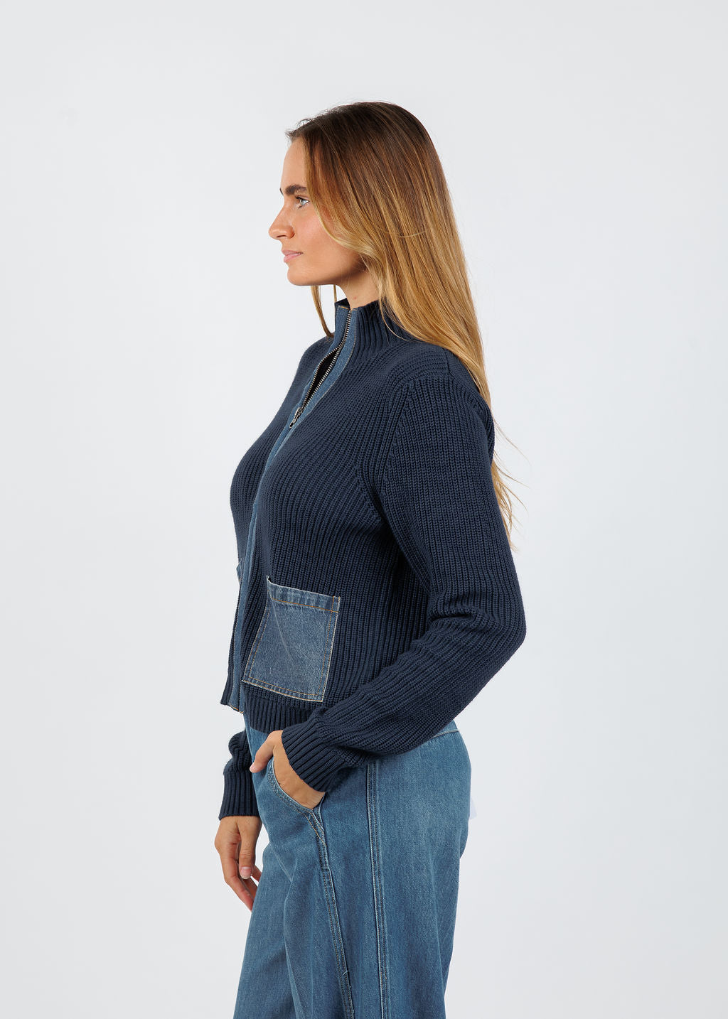 J Society Denim Pocket Zip Up Sweater in Navy available at Barbara Katz