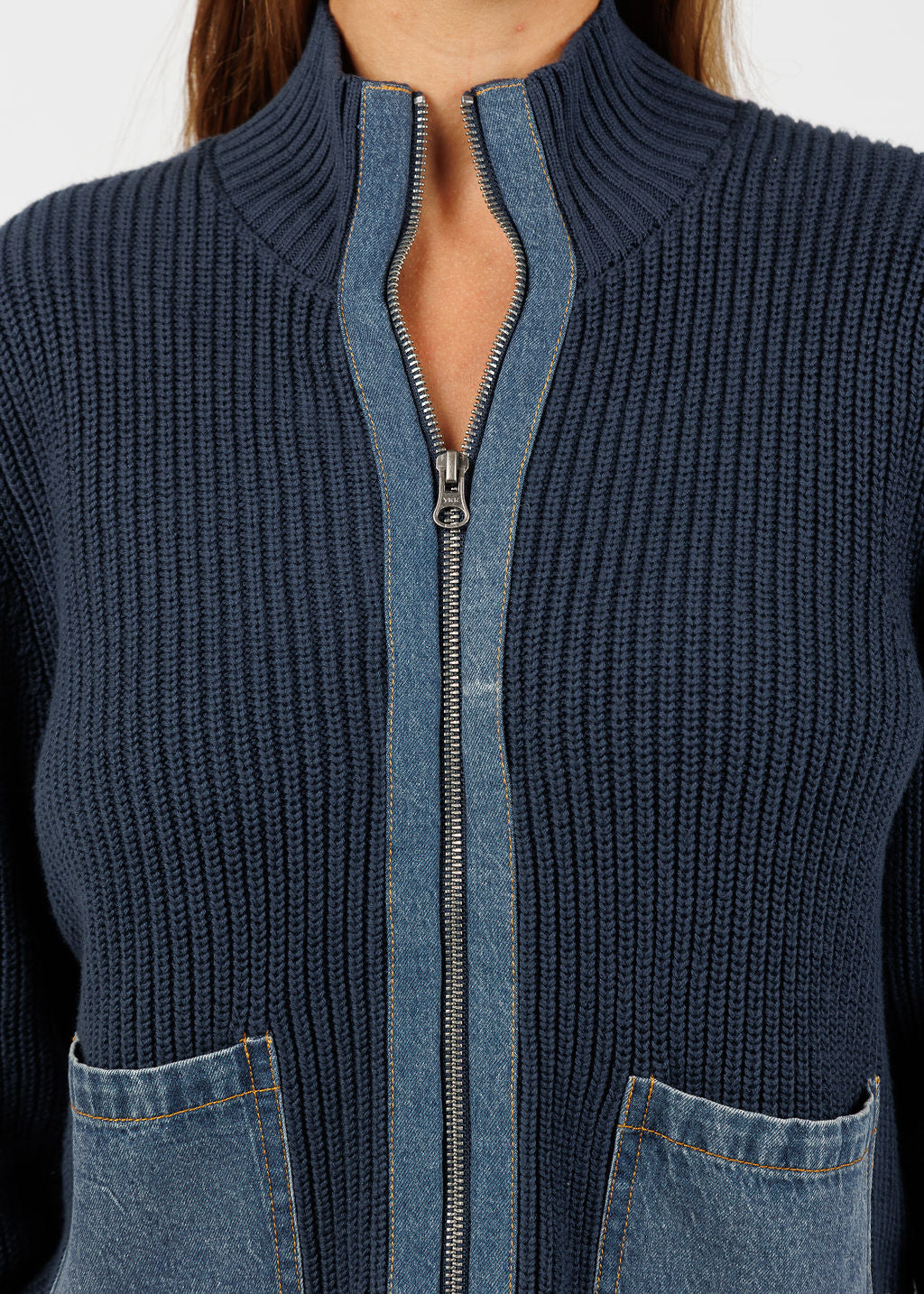 J Society Denim Pocket Zip Up Sweater in Navy available at Barbara Katz