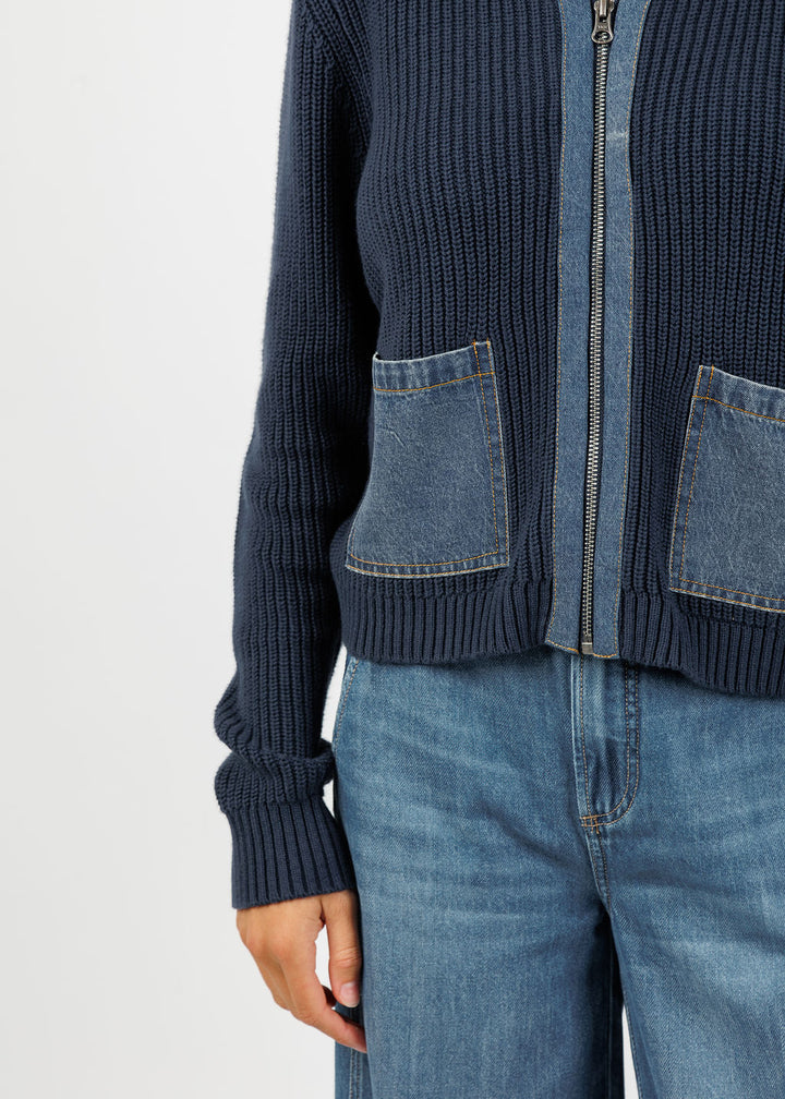 J Society Denim Pocket Zip Up Sweater in Navy available at Barbara Katz