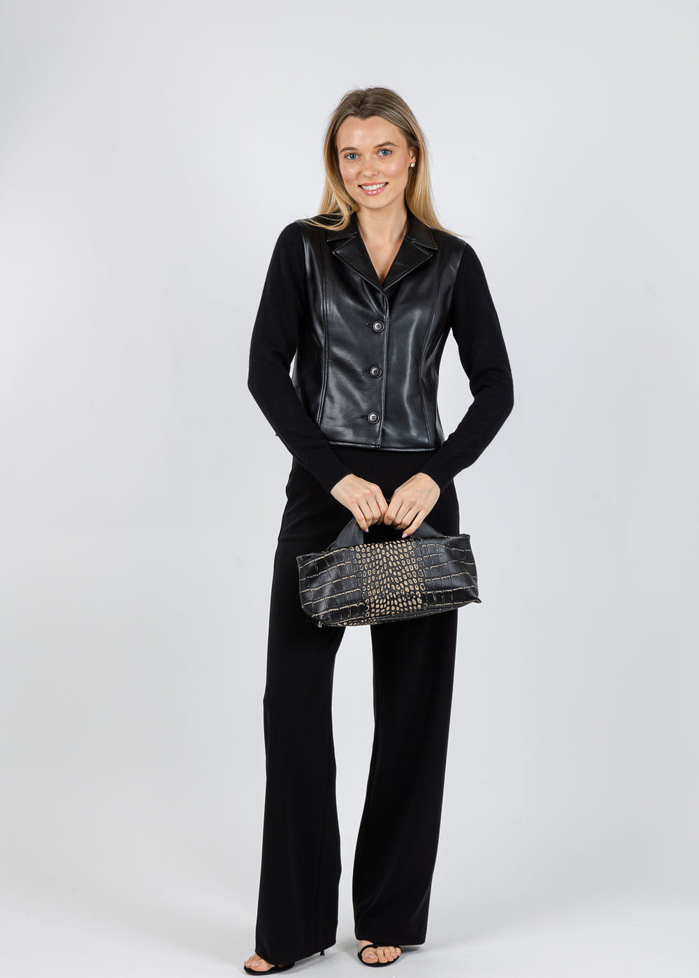 J Society Knit Sleeve Vegan Leather Jacket in Black available at Barbara Katz