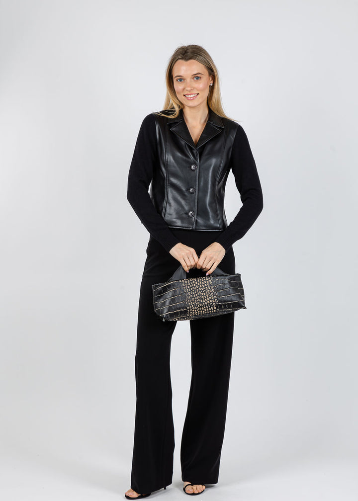 J Society Knit Sleeve Vegan Leather Jacket in Black available at Barbara Katz