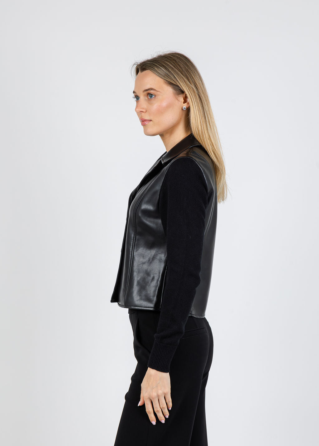 J Society Knit Sleeve Vegan Leather Jacket in Black available at Barbara Katz