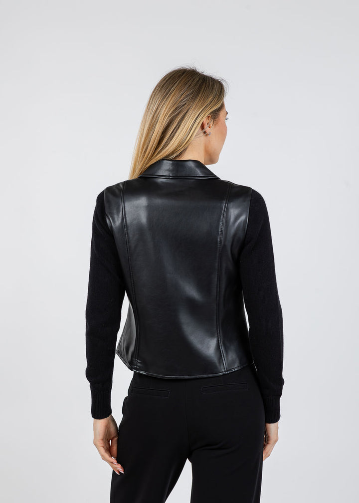 J Society Knit Sleeve Vegan Leather Jacket in Black available at Barbara Katz