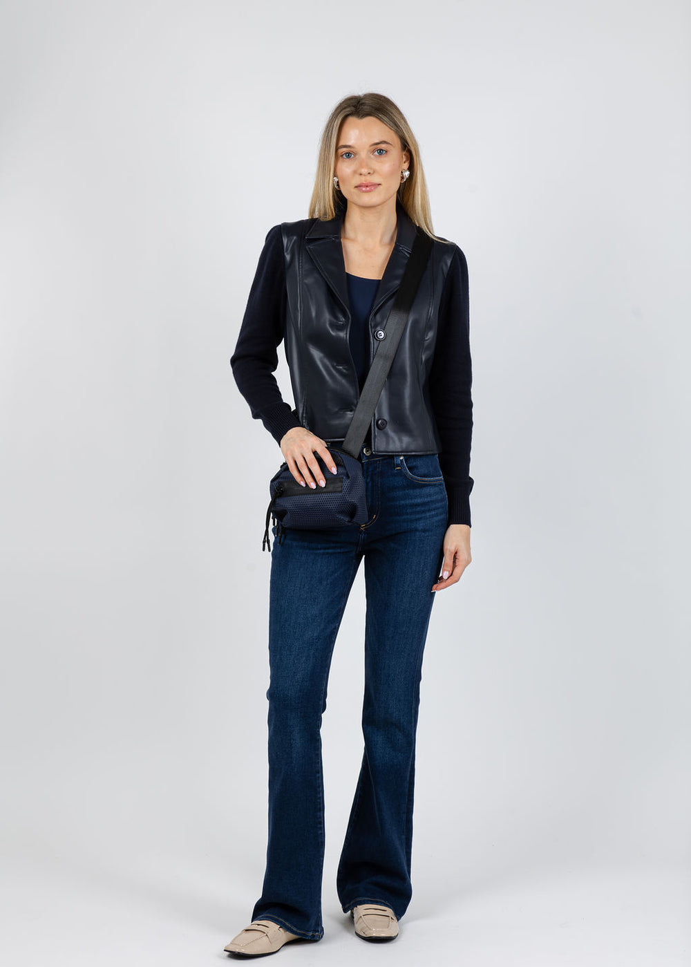 J Society Knit Sleeve Vegan Leather Jacket in Navy available at Barbara Katz