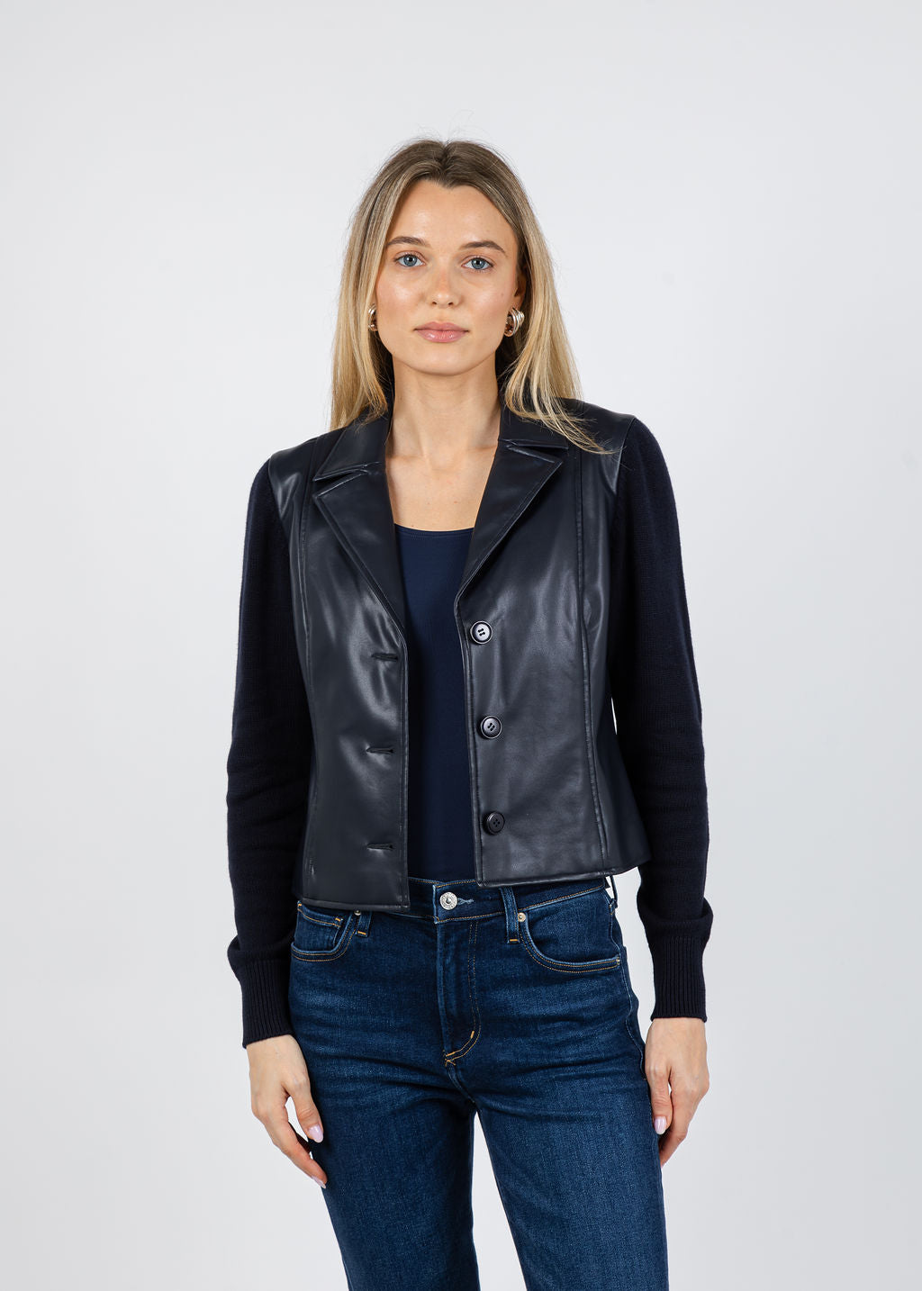 J Society Knit Sleeve Vegan Leather Jacket in Navy available at Barbara Katz