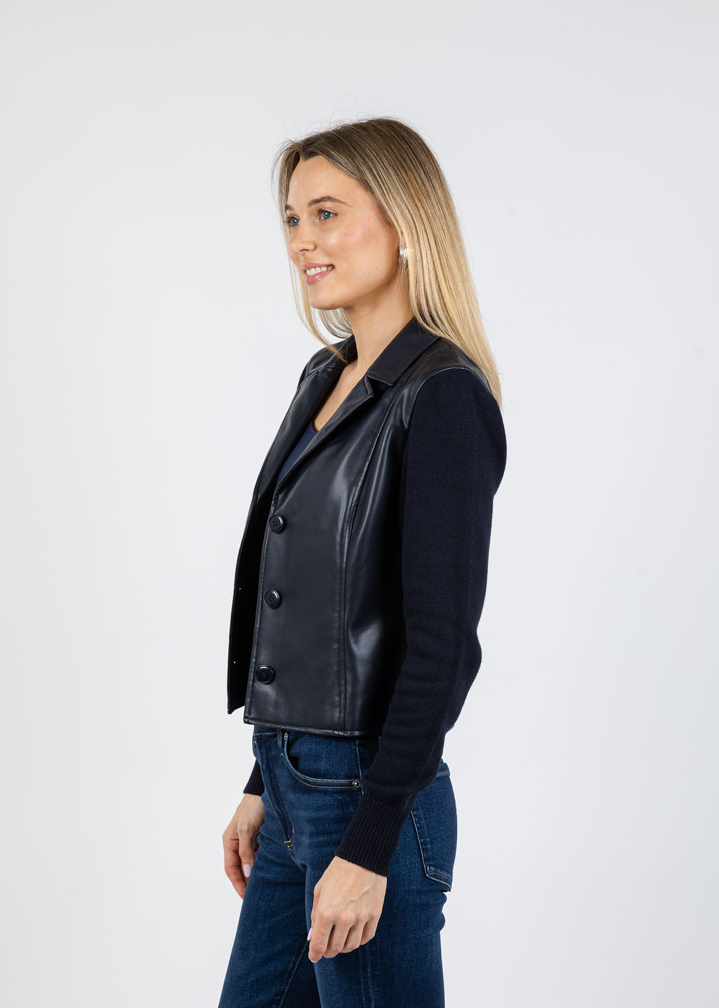 J Society Knit Sleeve Vegan Leather Jacket in Navy available at Barbara Katz