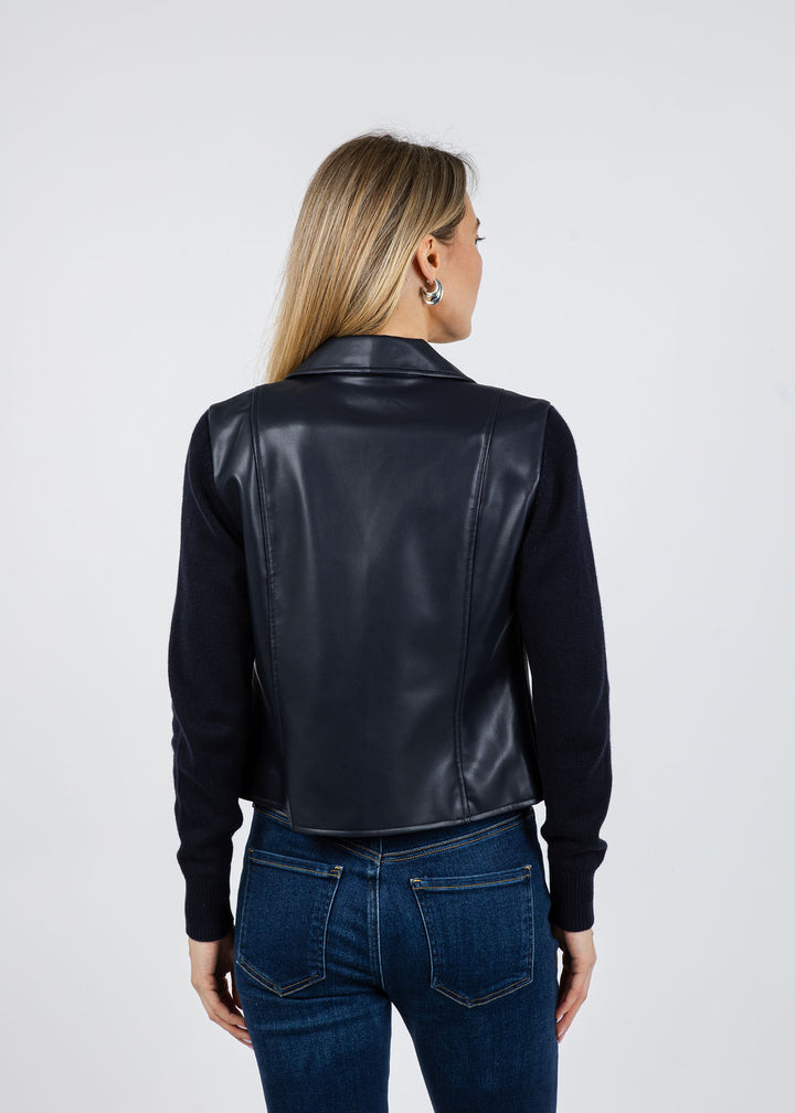 J Society Knit Sleeve Vegan Leather Jacket in Navy available at Barbara Katz