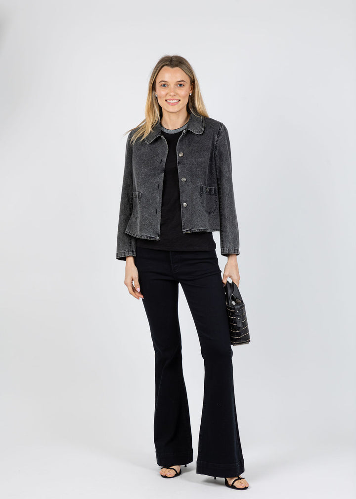 J Society Peter Pan Collar Denim Jacket in Black available at Barbara Katz