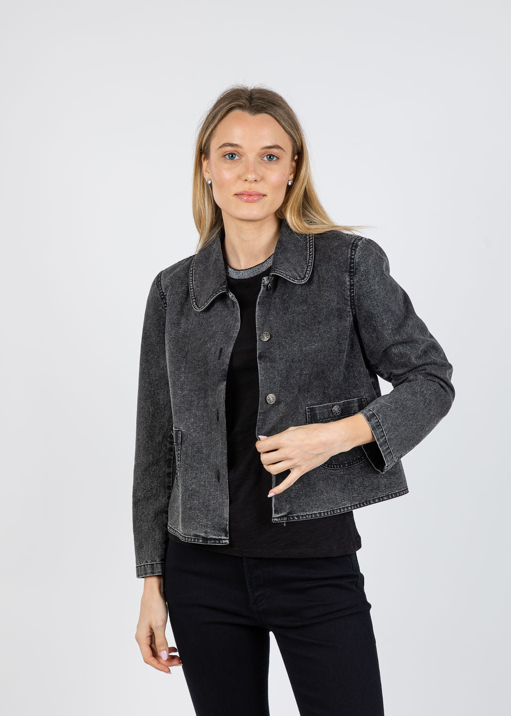 J Society Peter Pan Collar Denim Jacket in Black available at Barbara Katz