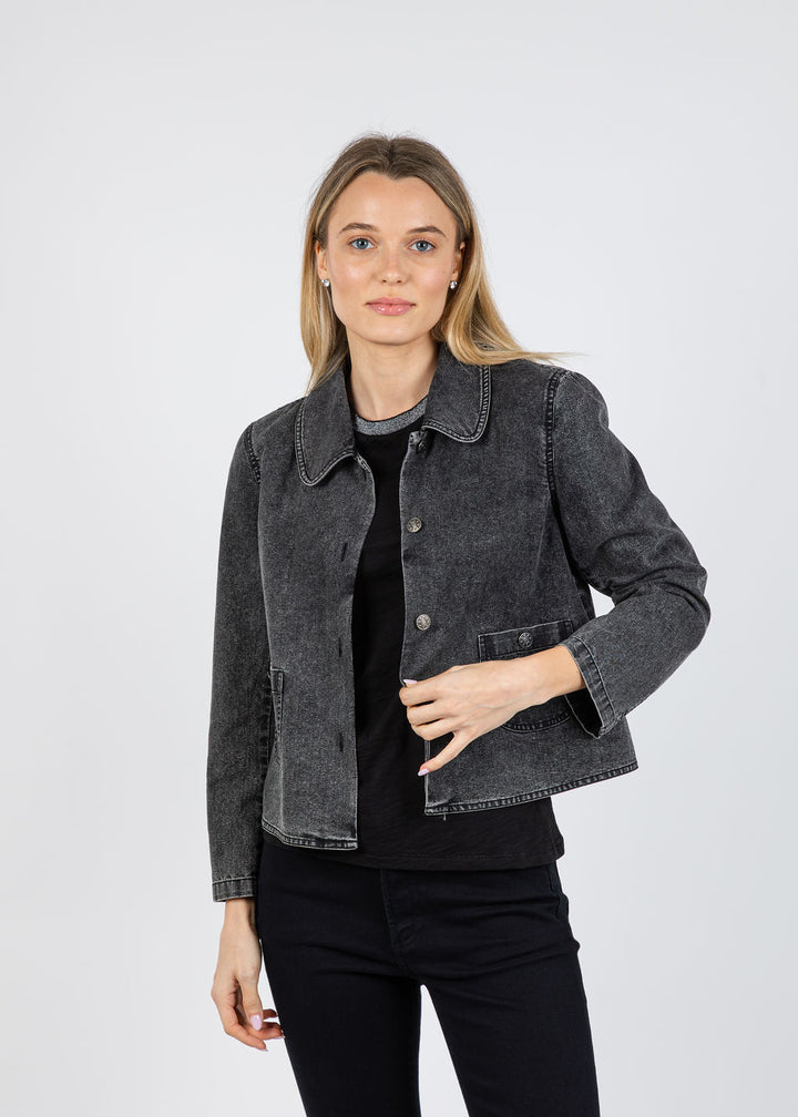 J Society Peter Pan Collar Denim Jacket in Black available at Barbara Katz