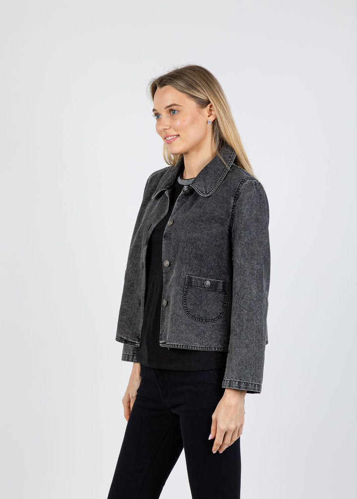 J Society Peter Pan Collar Denim Jacket in Black available at Barbara Katz