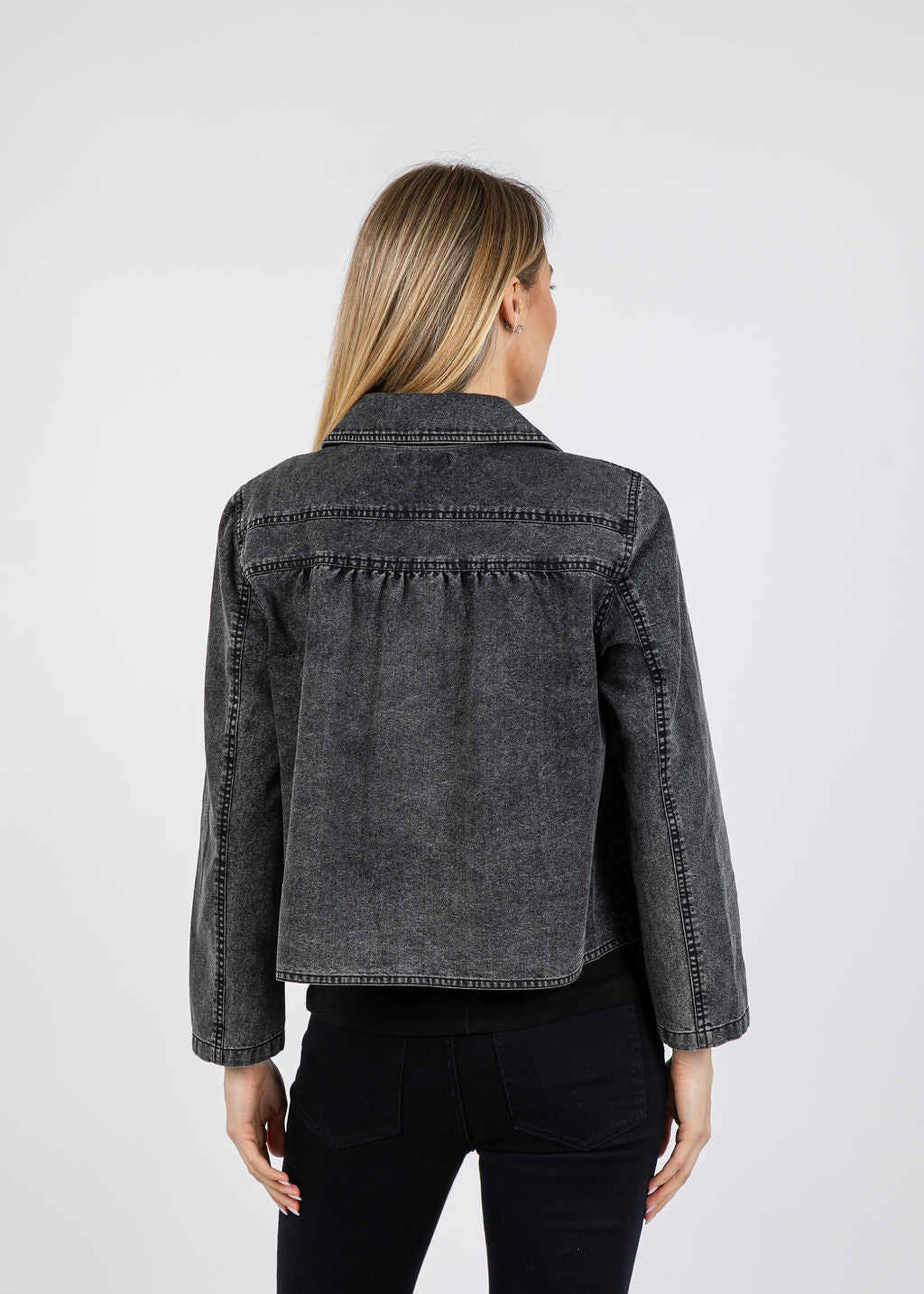 J Society Peter Pan Collar Denim Jacket in Black available at Barbara Katz