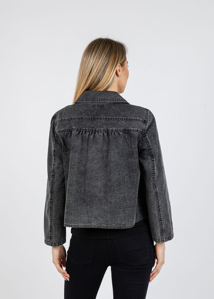 J Society Peter Pan Collar Denim Jacket in Black available at Barbara Katz