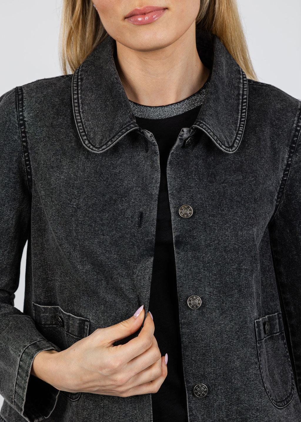 J Society Peter Pan Collar Denim Jacket in Black available at Barbara Katz
