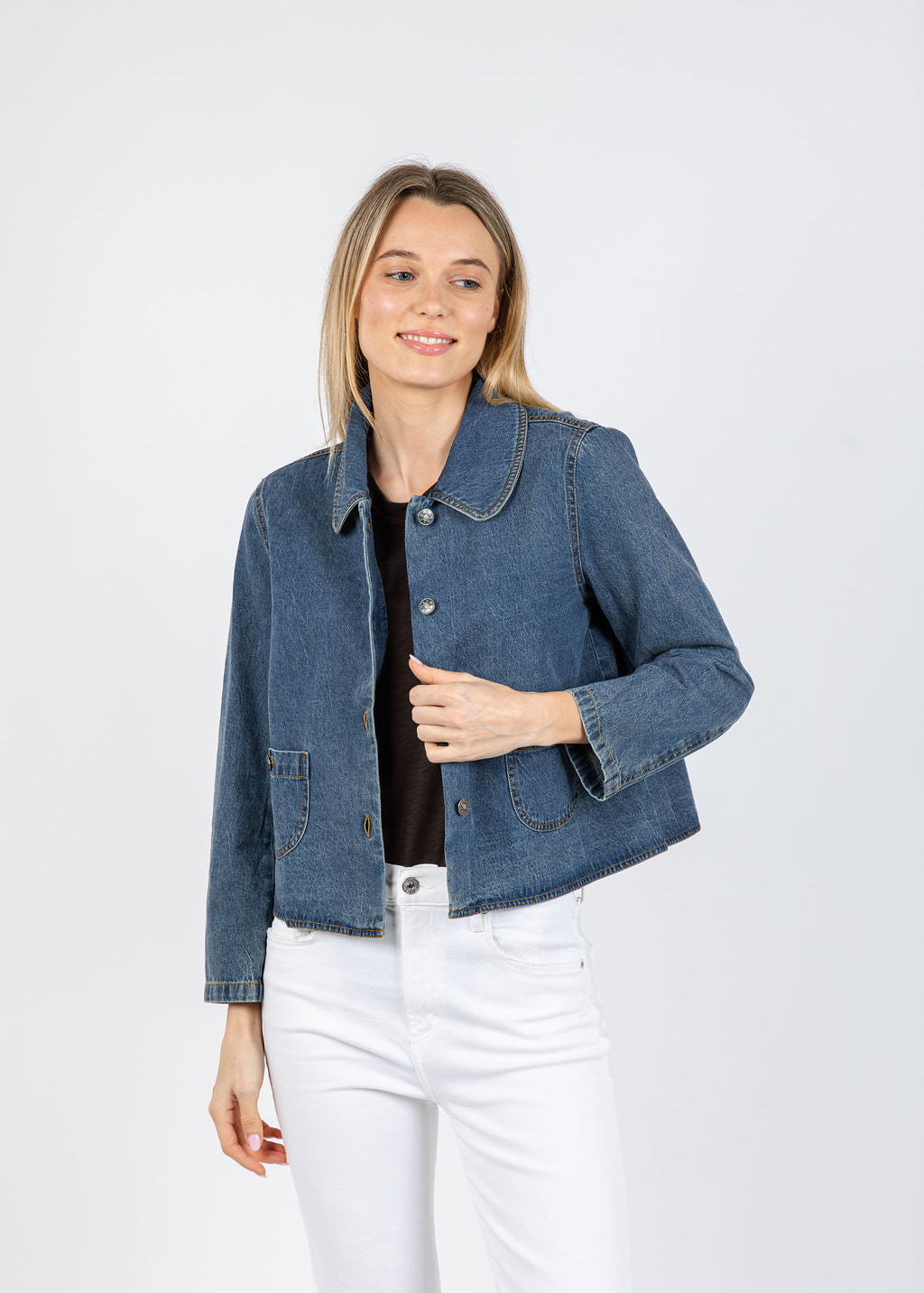 J Society Peter Pan Collar Denim Jacket in Blue available at Barbara Katz