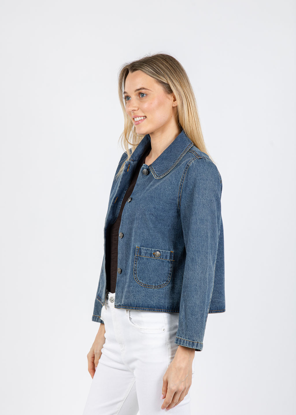 J Society Peter Pan Collar Denim Jacket in Blue available at Barbara Katz