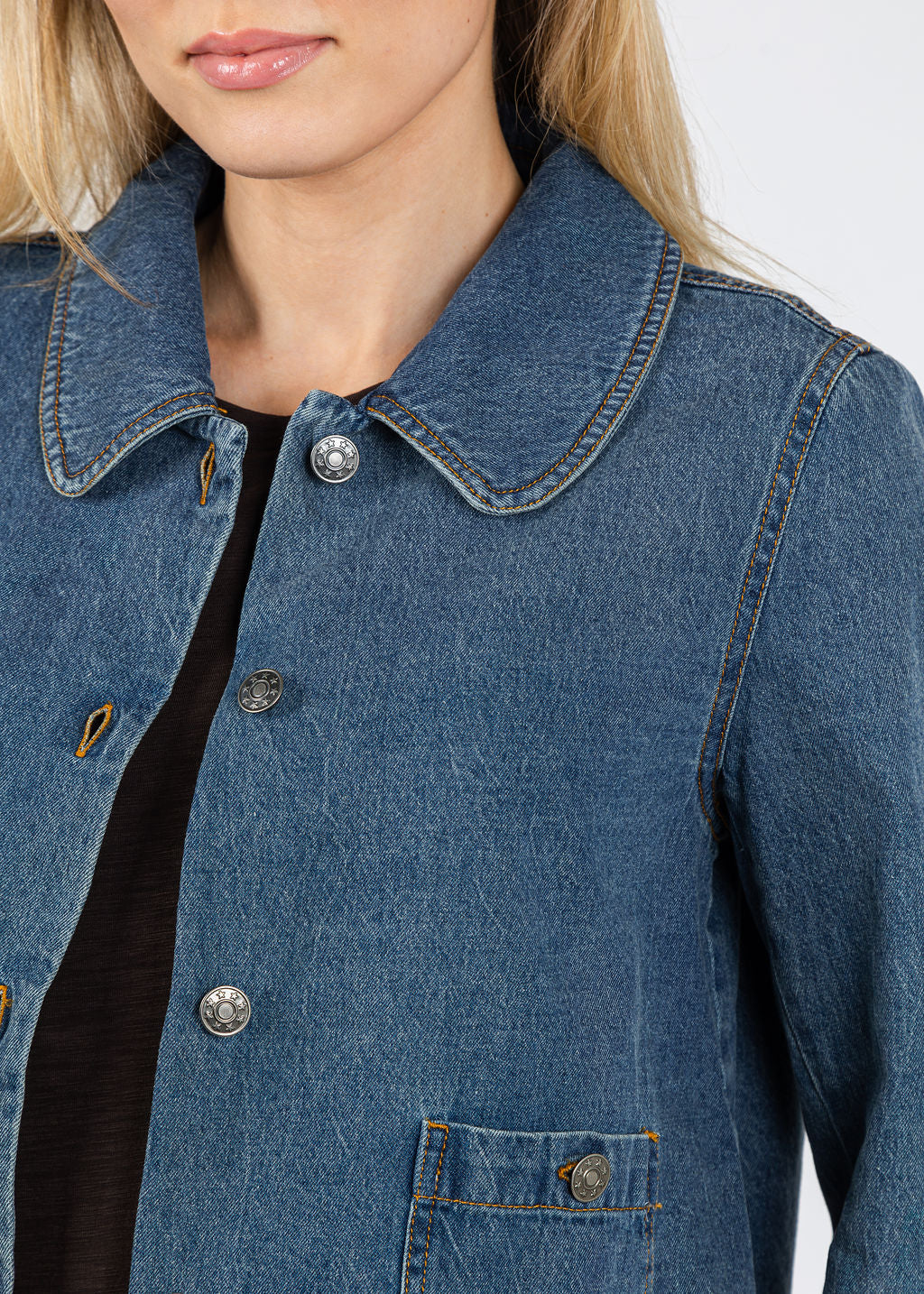 J Society Peter Pan Collar Denim Jacket in Blue available at Barbara Katz
