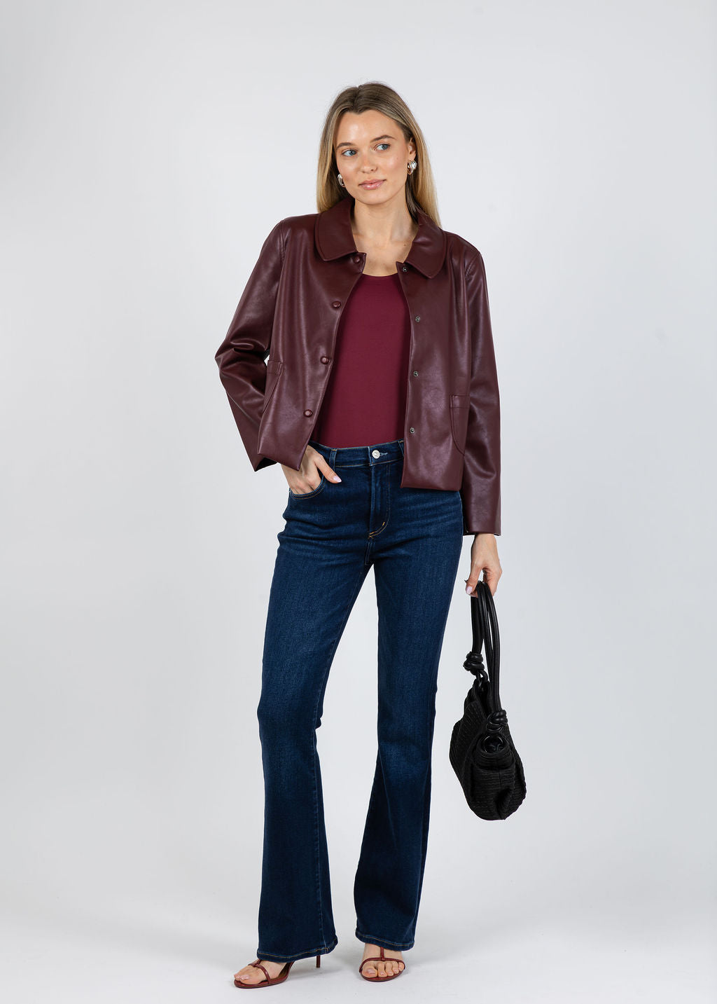 J Society Vegan Leather Collar Jacket in Bordeaux available at Barbara Katz