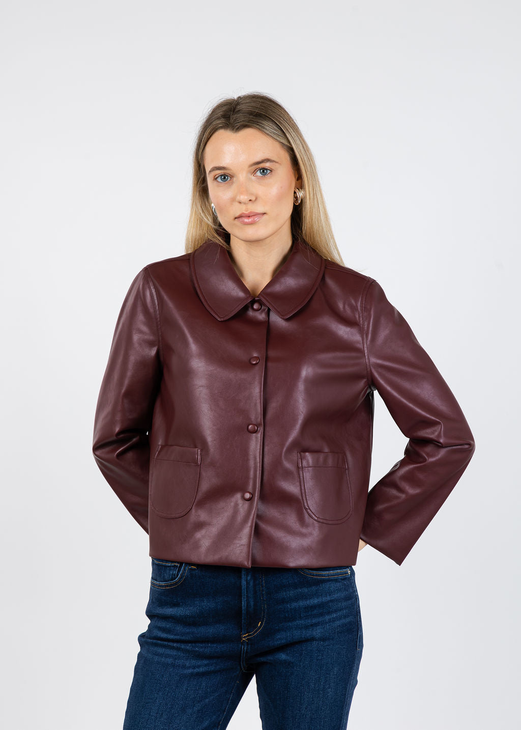 J Society Vegan Leather Collar Jacket in Bordeaux available at Barbara Katz
