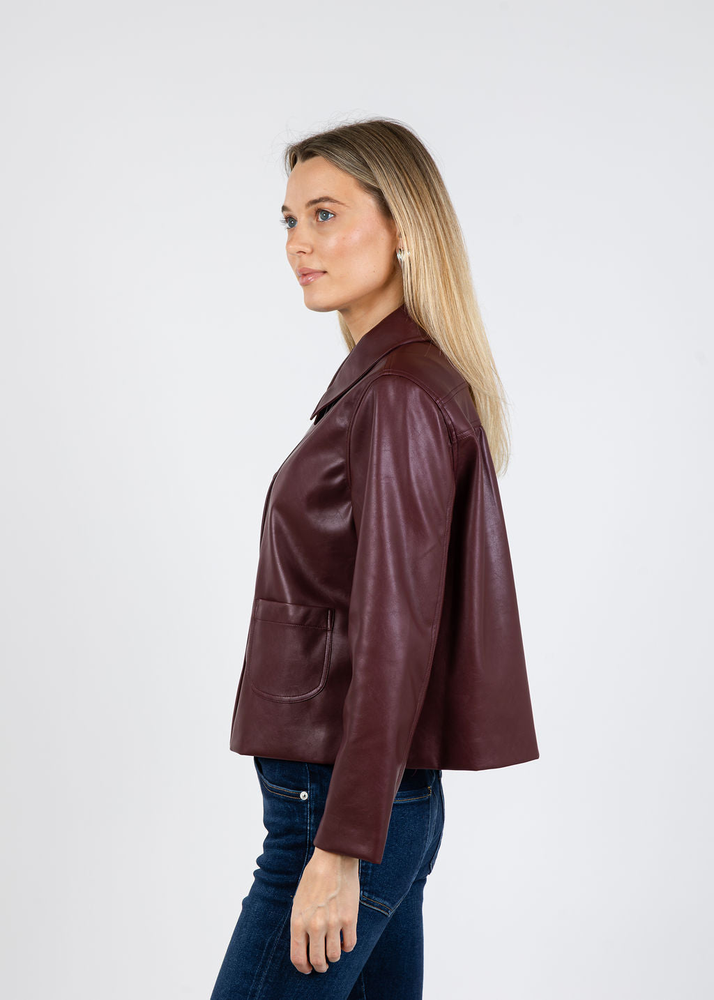 J Society Vegan Leather Collar Jacket in Bordeaux available at Barbara Katz