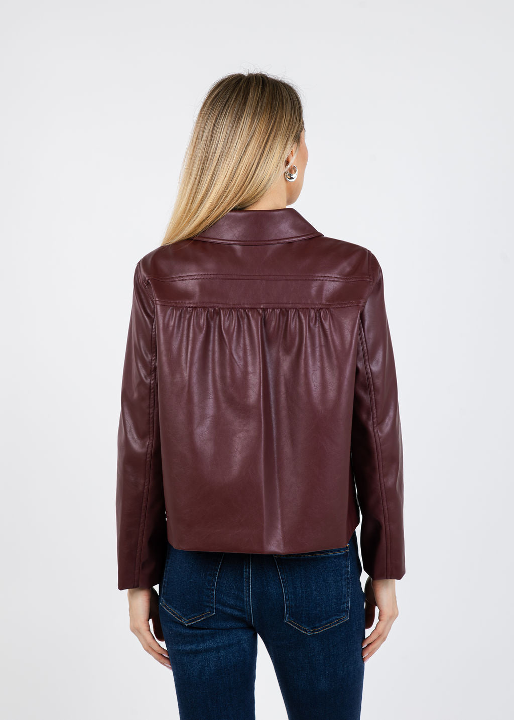 J Society Vegan Leather Collar Jacket in Bordeaux available at Barbara Katz