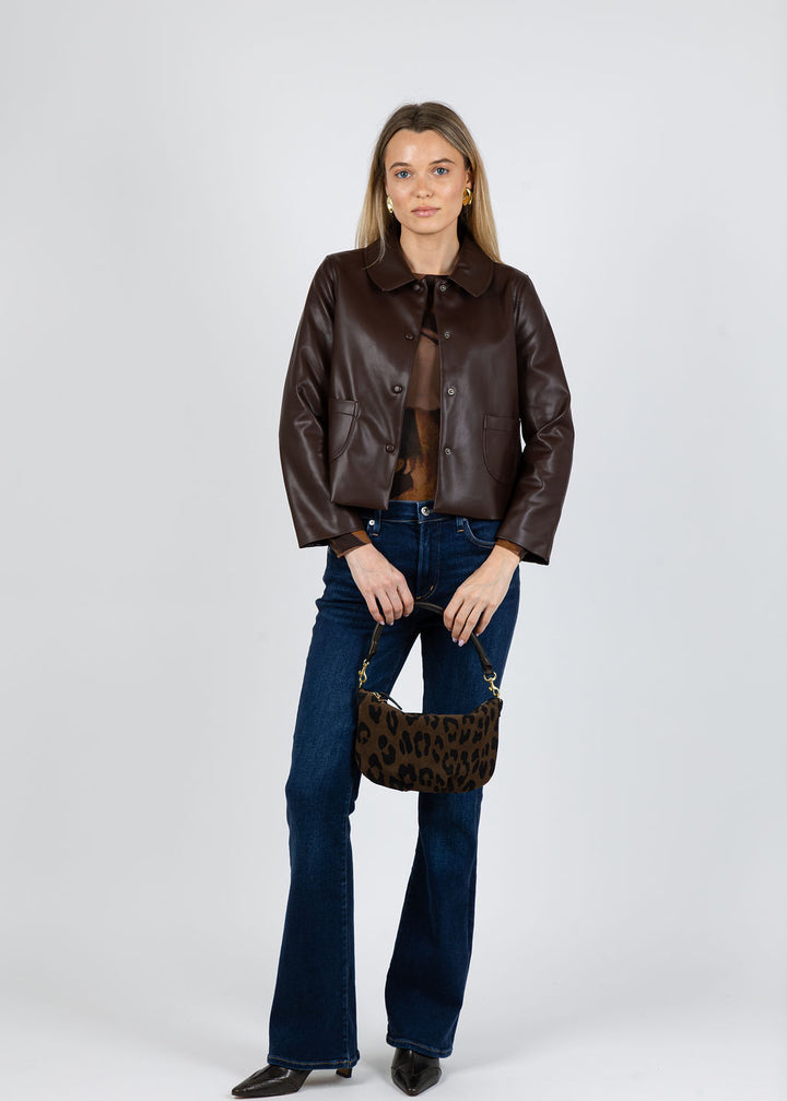 J Society Vegan Leather Collar Jacket in Chocolate available at Barbara Katz