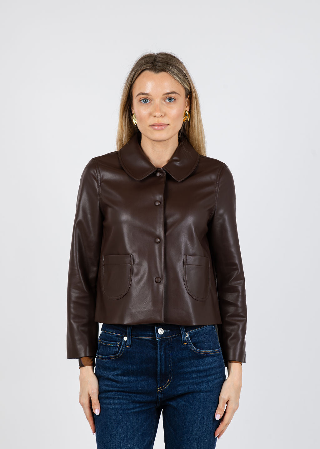 J Society Vegan Leather Collar Jacket in Chocolate available at Barbara Katz