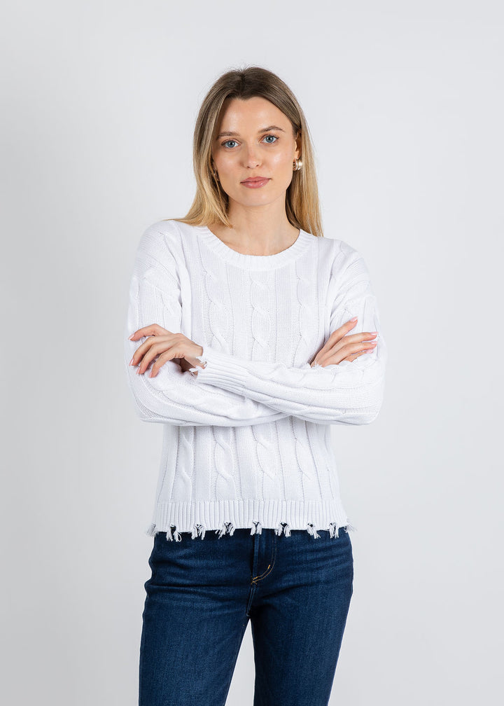 J Society Acid Wash Cable Crew Sweater in White available at Barbara Katz