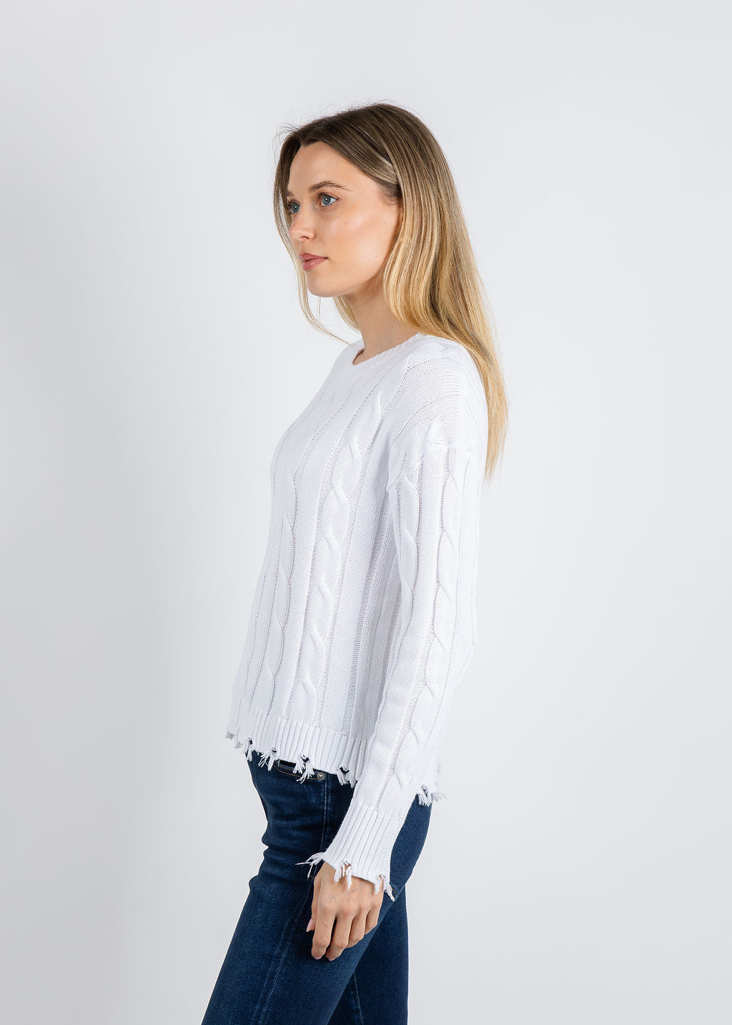 J Society Acid Wash Cable Crew Sweater in White available at Barbara Katz