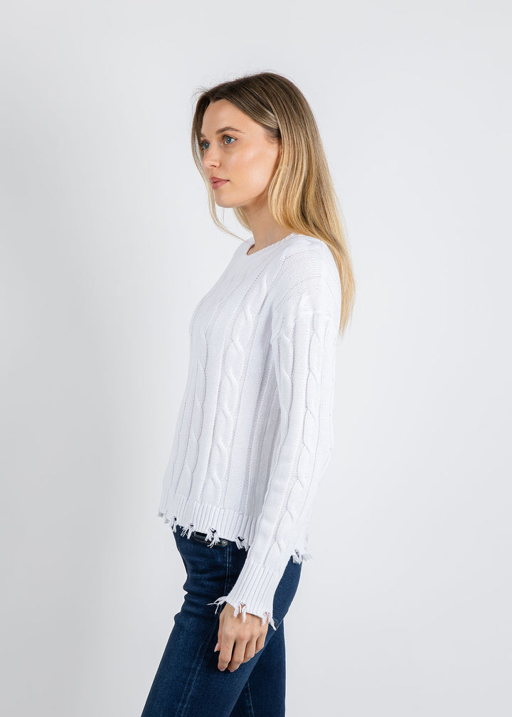 J Society Acid Wash Cable Crew Sweater in White available at Barbara Katz