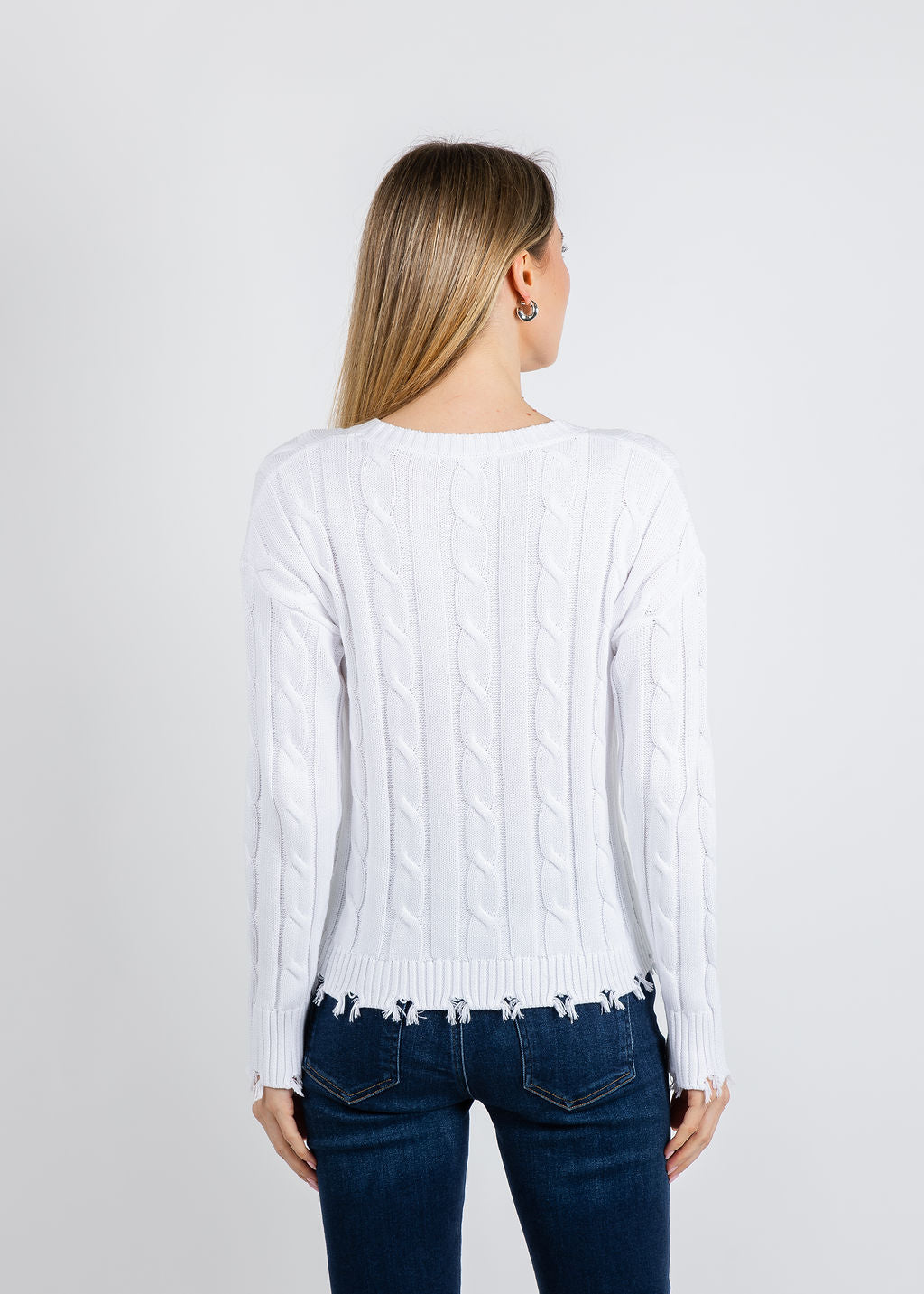 J Society Acid Wash Cable Crew Sweater in White available at Barbara Katz
