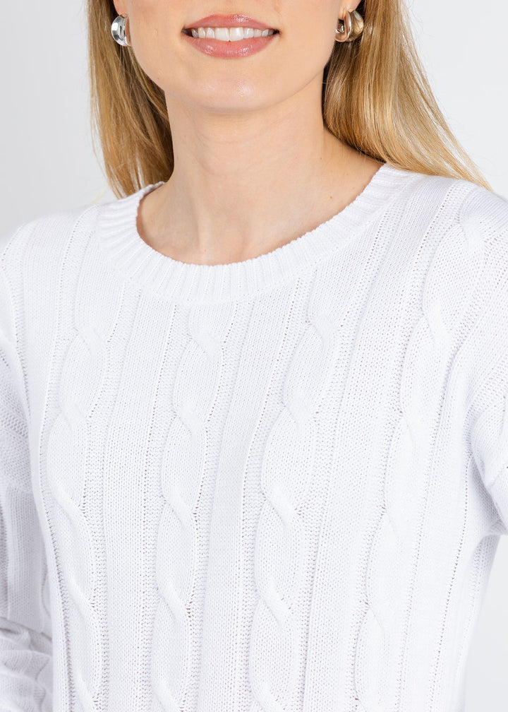 J Society Acid Wash Cable Crew Sweater in White available at Barbara Katz