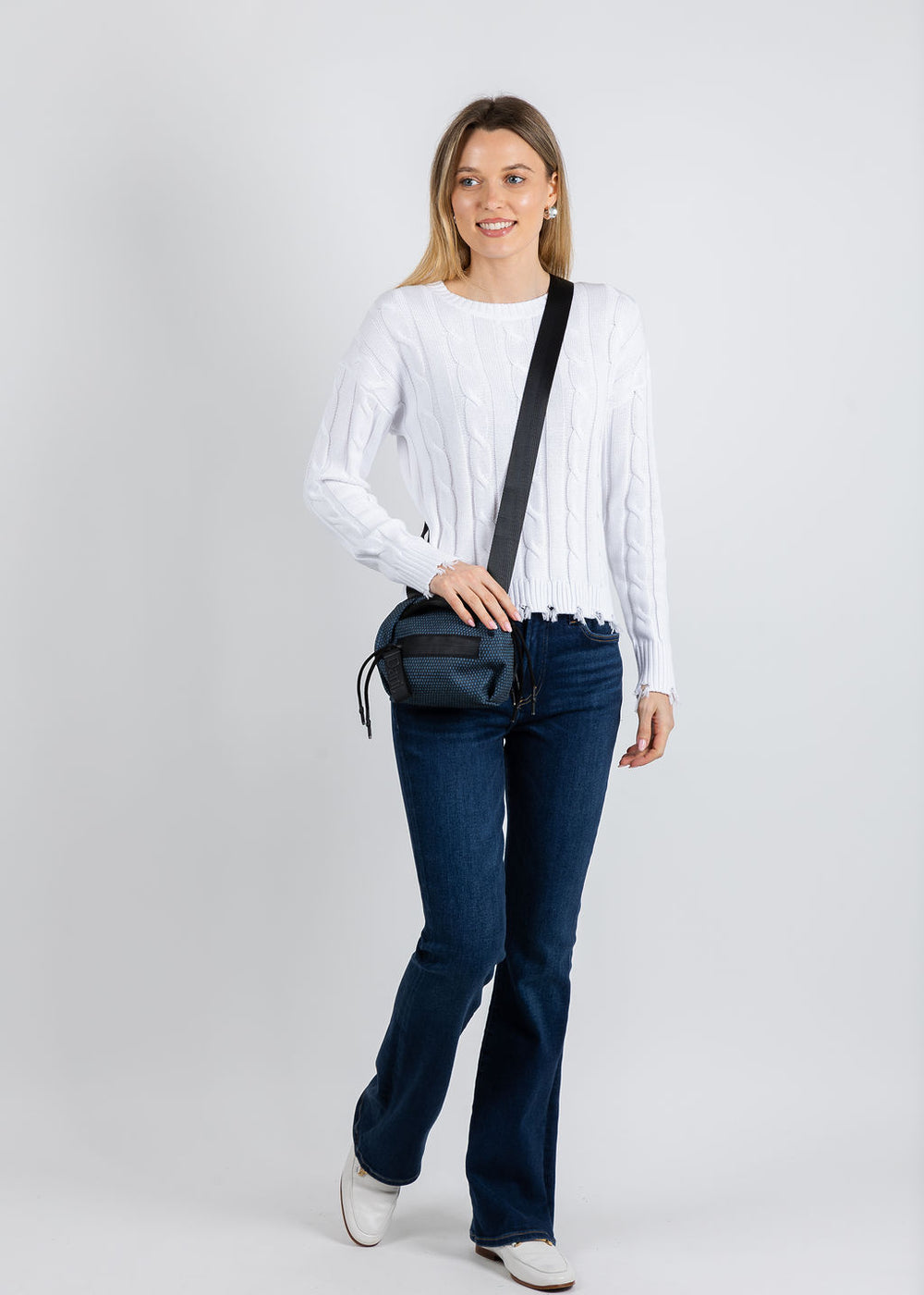 J Society Acid Wash Cable Crew Sweater in White available at Barbara Katz