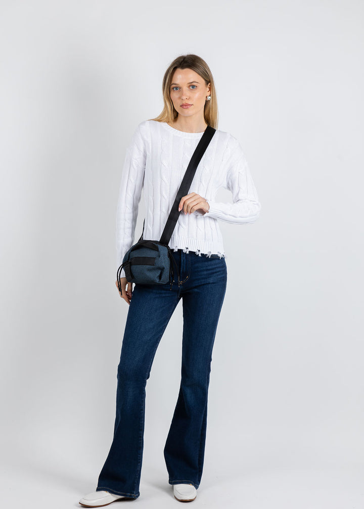 J Society Acid Wash Cable Crew Sweater in White available at Barbara Katz