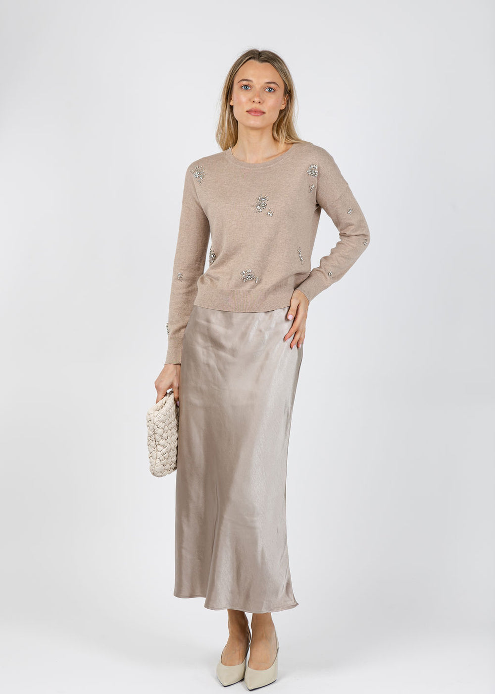 J Society Ariana Brooch Crew Sweater in Cappuccino available at Barbara Katz