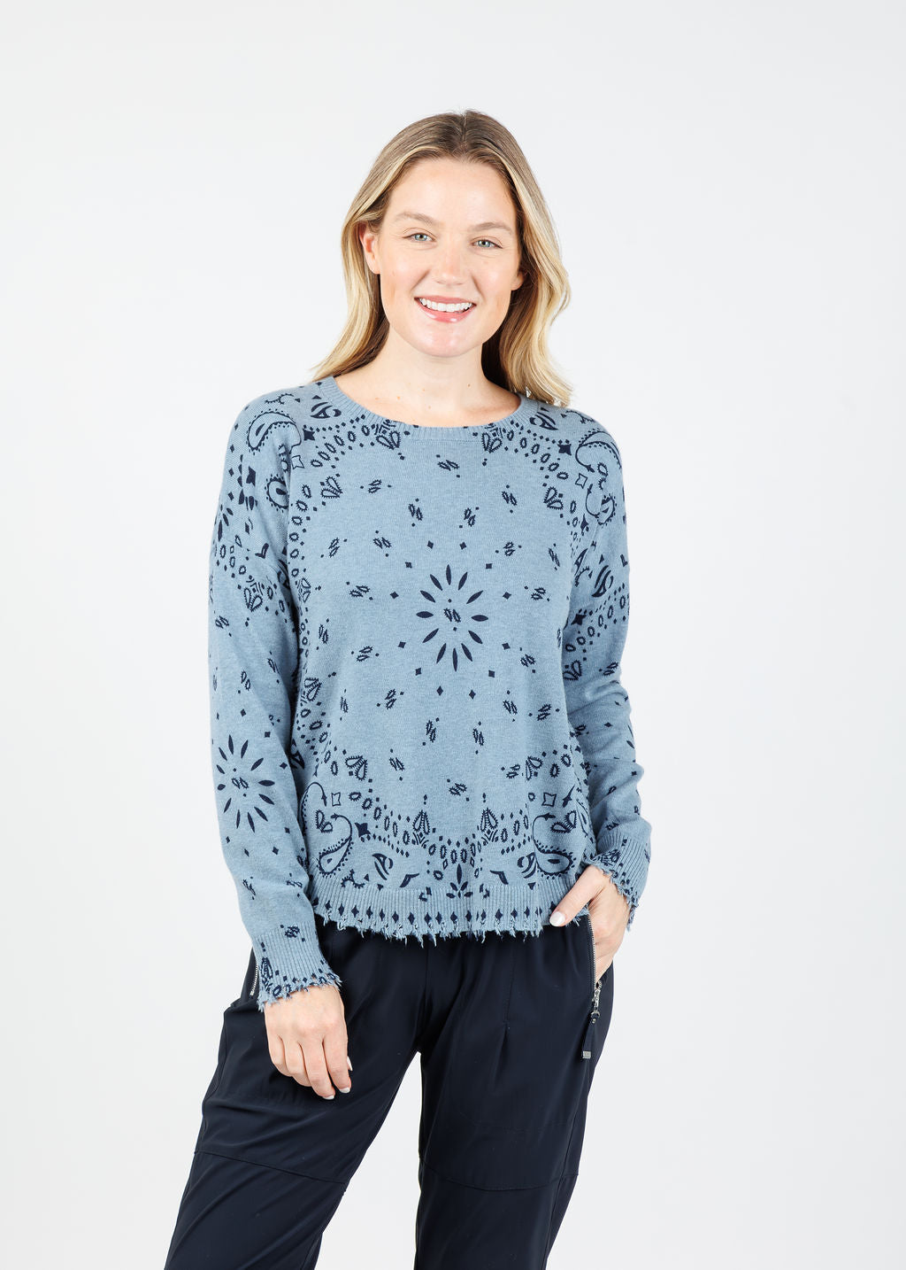 J Society Bandana Crew Sweater in Denim available at Barbara Katz