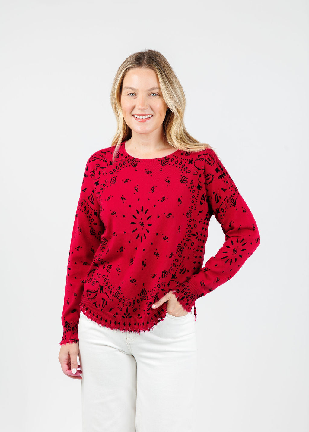 J Society Bandana Crew Sweater in Red available at Barbara Katz