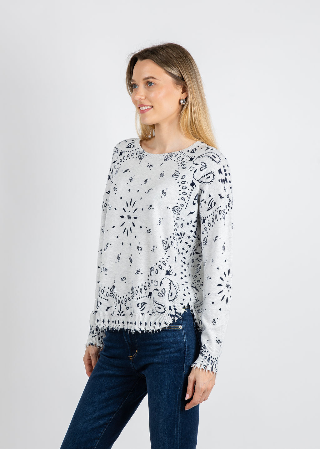 J Society Bandana Crew Sweater in Cloud available at Barbara Katz