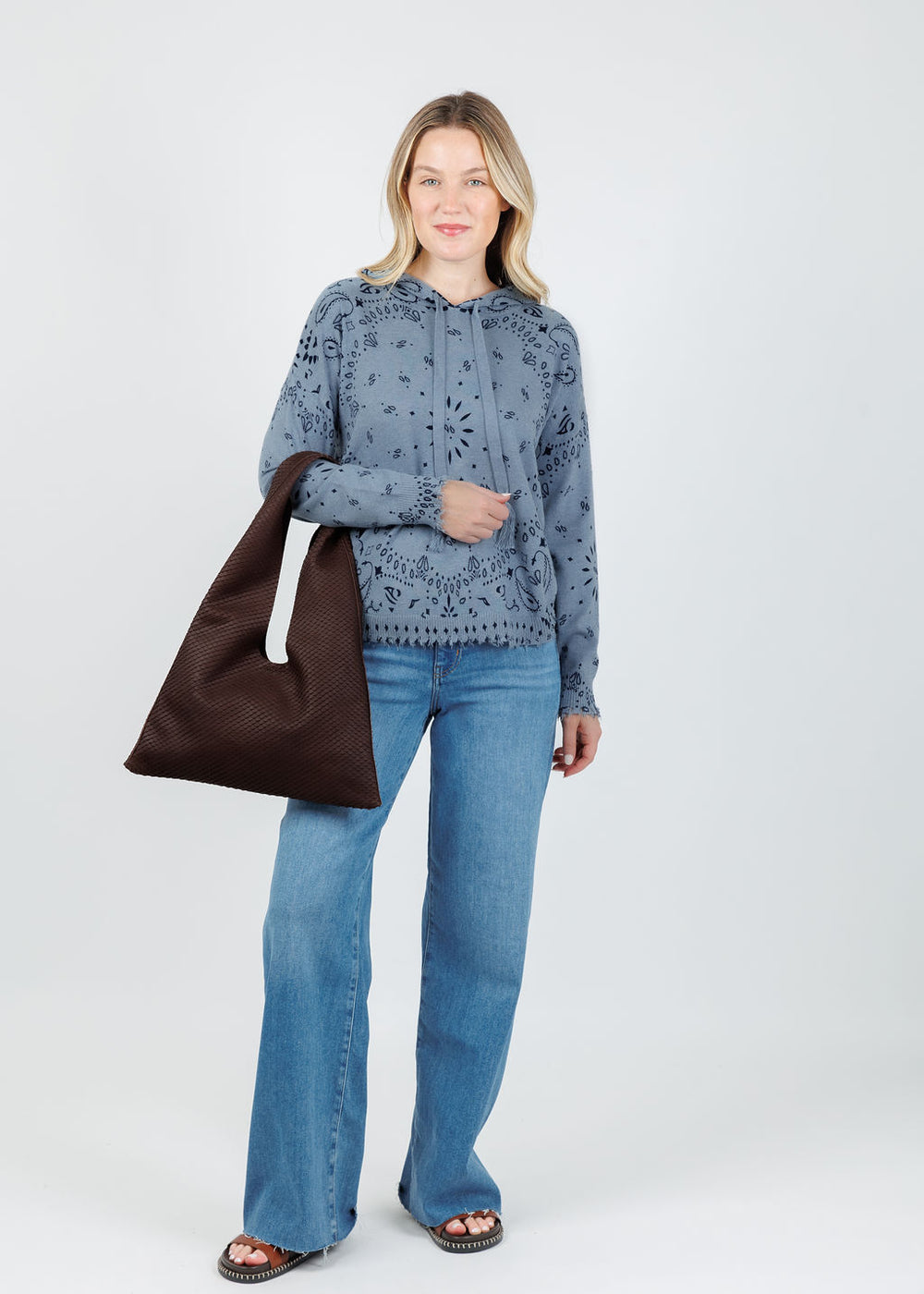 J Society Bandana Drawstring Hoodie in Denim, Streets Ahead Modern Hobo in Chocolate Boa available at Barbara Katz