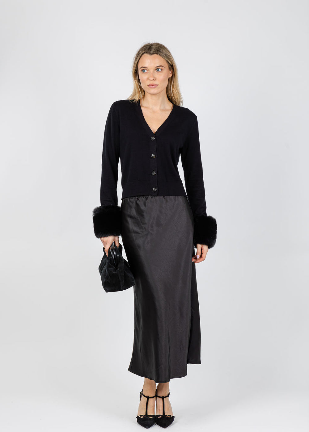 J Society Bella Detachable Fur Cardigan in Black available at Barbara Katz