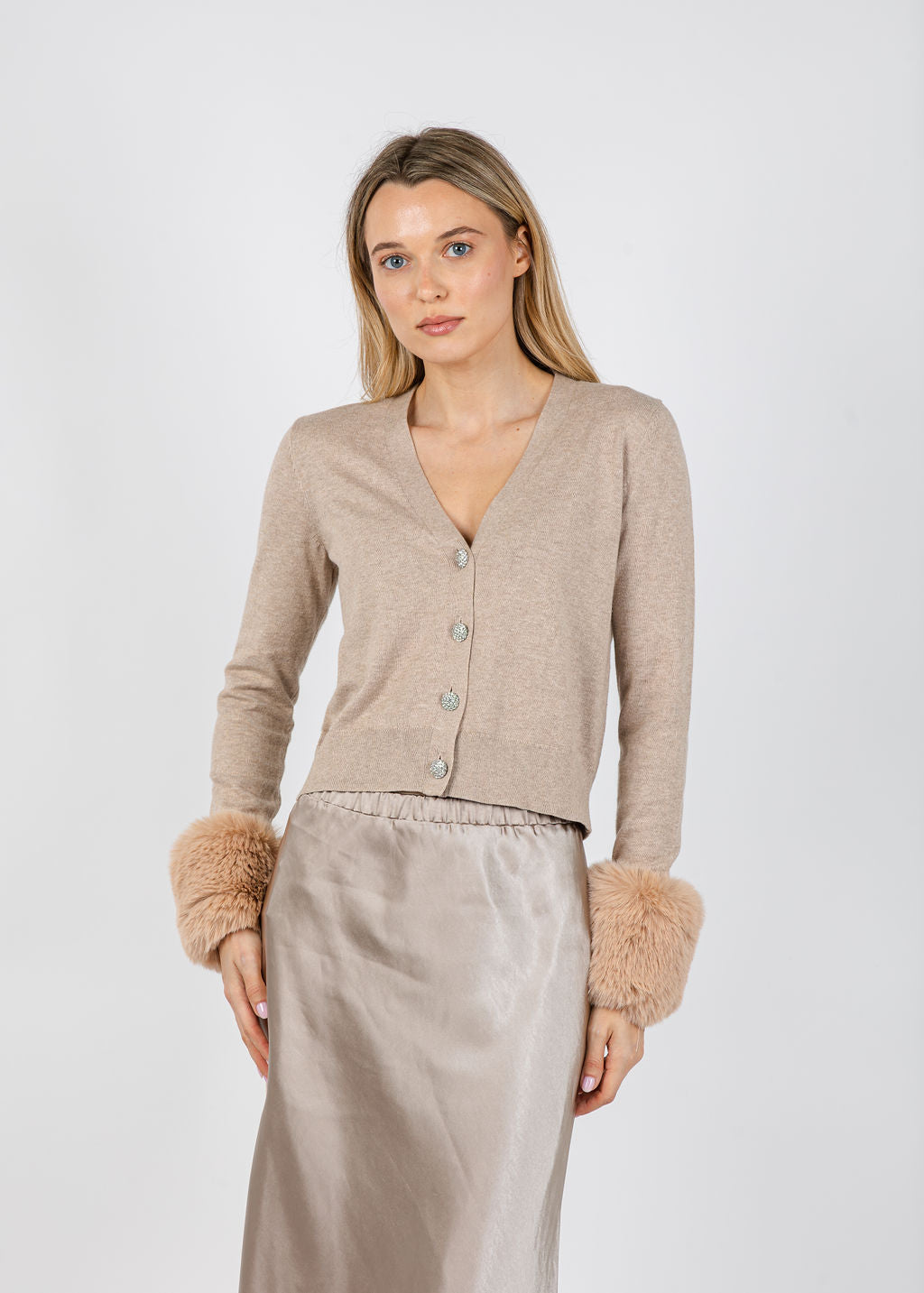 J Society Bella Detachable Fur Cardigan in Cappuccino available at Barbara Katz