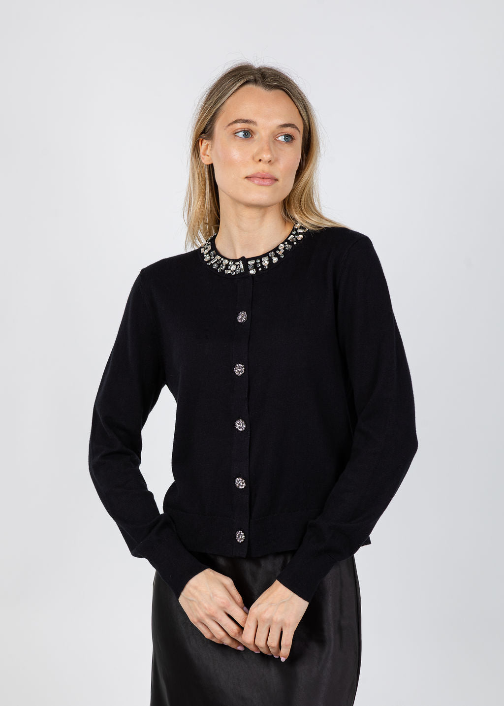 J Society Bella Jewel Neck Cardigan in Black available at Barbara Katz