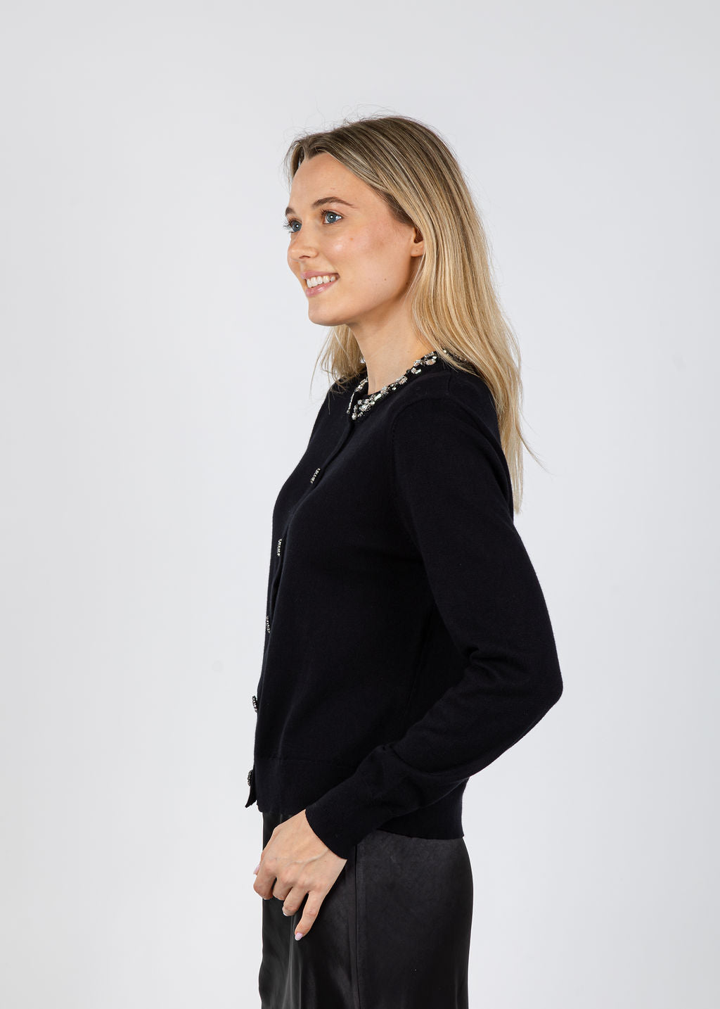J Society Bella Jewel Neck Cardigan in Black available at Barbara Katz
