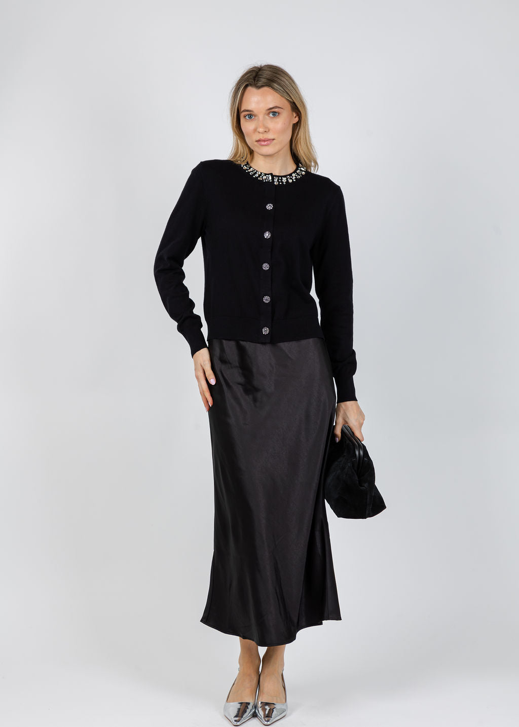 J Society Bella Jewel Neck Cardigan in Black available at Barbara Katz
