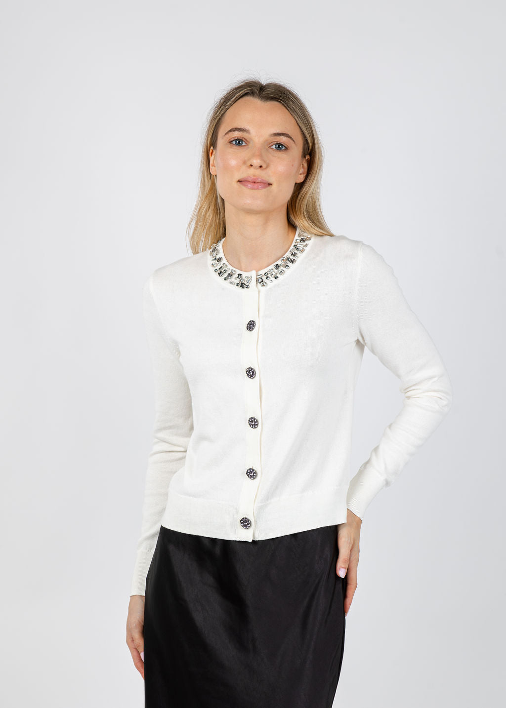 J Society Bella Jewel Neck Cardigan in Vanilla available at Barbara Katz